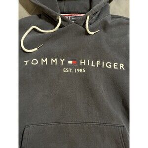 Tommy Hilfiger Men's Hoodie Fleece Lined Logo Sweatshirt Drk Blue/Gray Sz Lg
